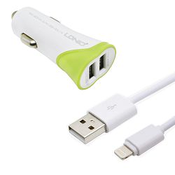 AUTO PUNJAČ 2 U 1 LDNIO C332 2*USB 3.4 A KABEL LIGHTNING BIJELO-ZELENI