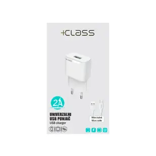 KUĆNI PUNJAČ +CLASS USB 2.1A 10W +USB KABEL MIKRO BIJELI