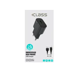 KUĆNI PUNJAČ +CLASS USB 2.1A 10W +USB KABEL MIKRO CRNI BULK