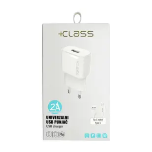 KUĆNI PUNJAČ +CLASS USB 2.1A 10W +USB KABEL TIP C BIJELI