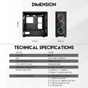 PC KUĆIŠTE FANTECH 470x205x480mm 4,9kg 4xVENTILATOR LIJEVO STAKLO HEXA XL CG82